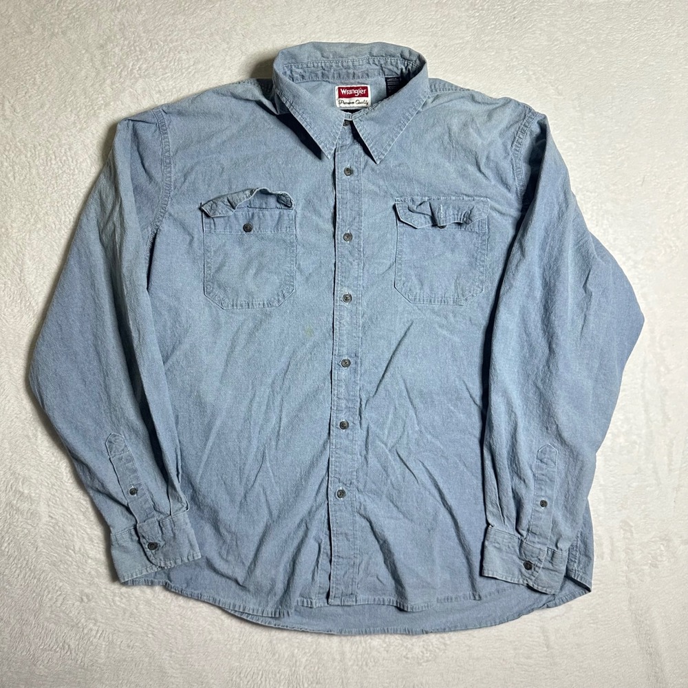 Wrangler Comfort Flex 2XL Blue Twill Shirt Long Sleeve Button Up Relaxed Fit